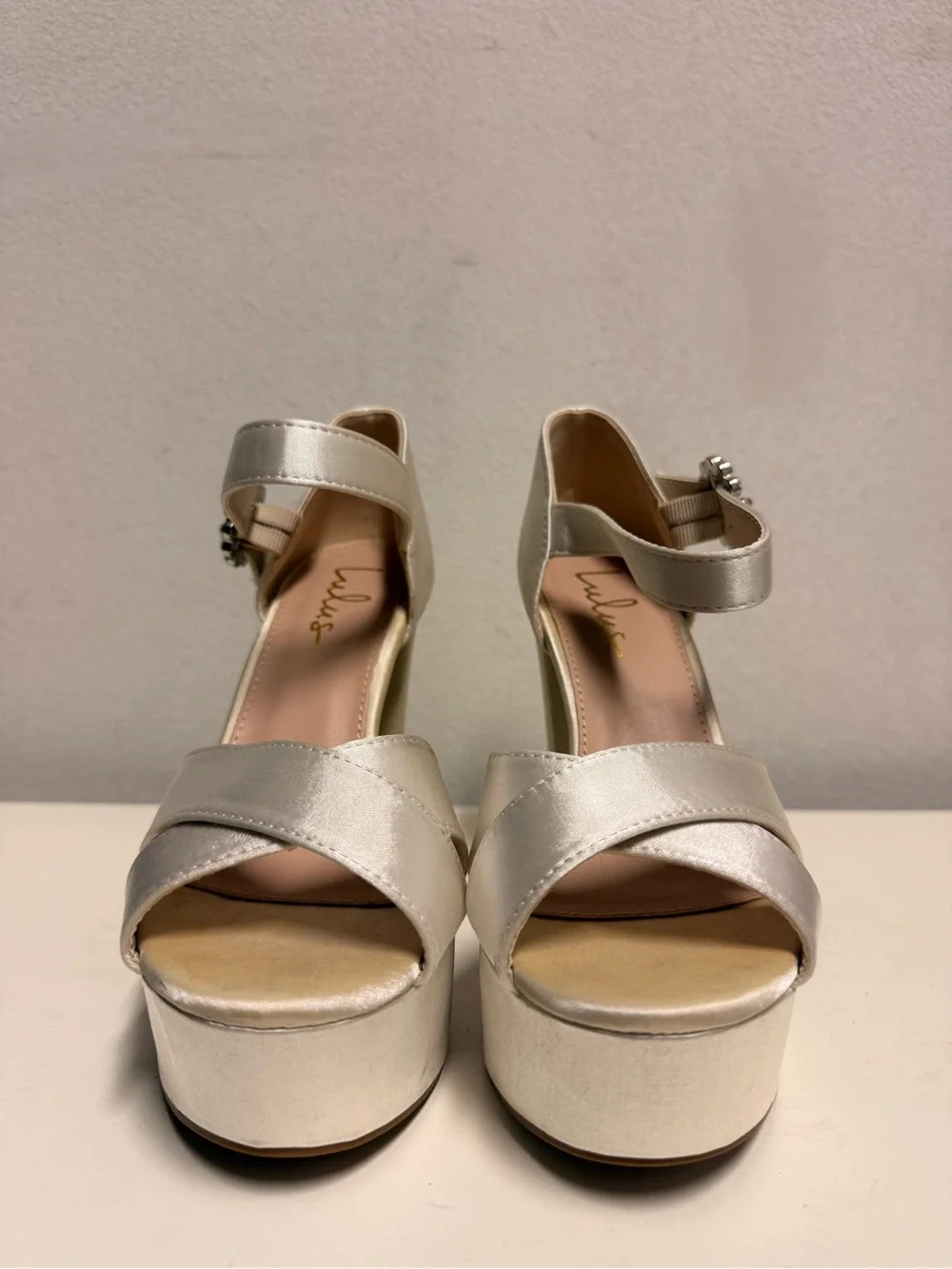 Lulu's Ivory Satin Platform Block Heel Sandals with Rhinestone Buckle